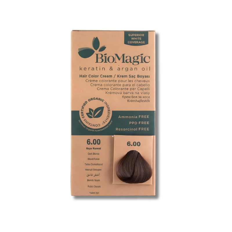 BioMagic keratin and argan oil hair color cream packaging on a white background