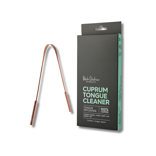 Cuprum tongue cleaner with packaging on a white background