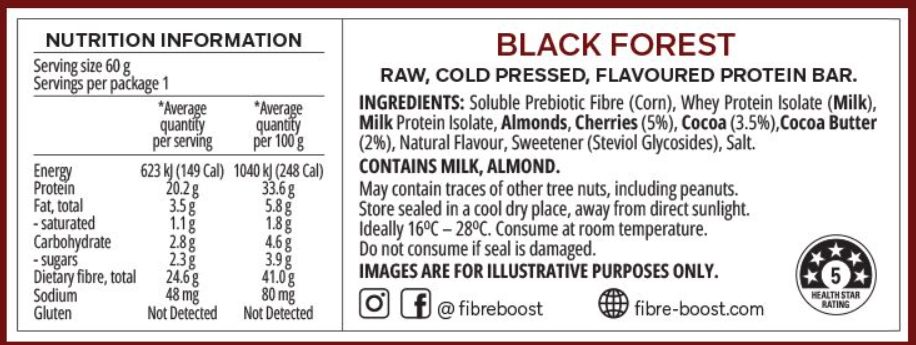 Fibre Boost Black Forest Cold Pressed Protein Bar Nutrition Information