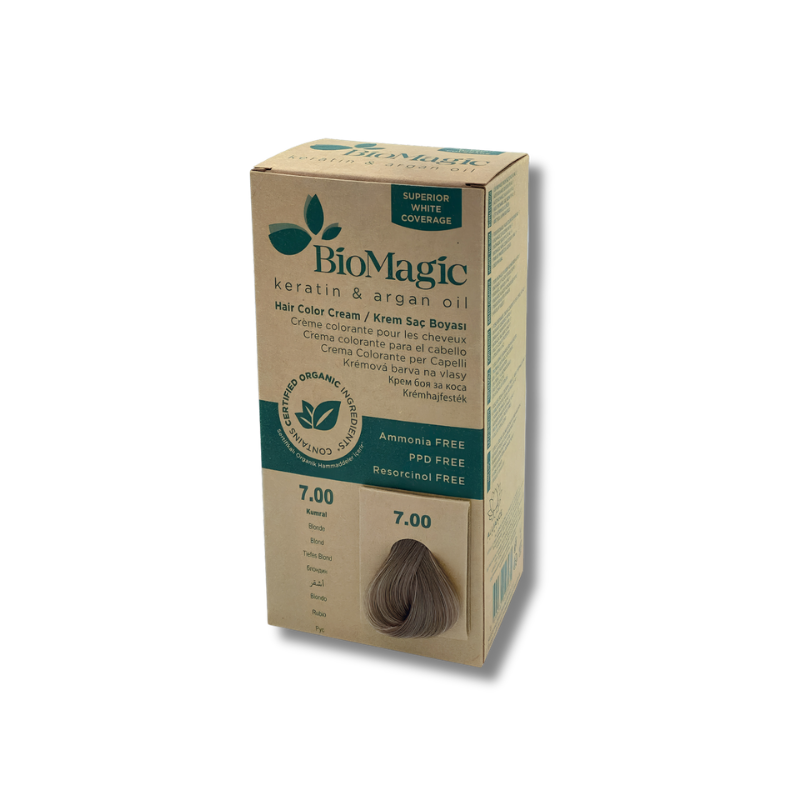 BioMagic hair color cream box with a brown hair sample on a white background
