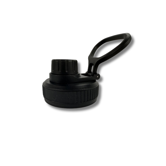 Black water bottle cap with a handle on a white background