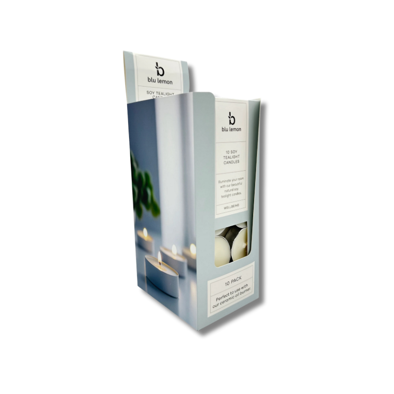 Packaging of blu lemon soy tealight candles on a white background
