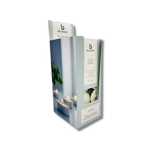 Packaging of blu lemon soy tealight candles on a white background