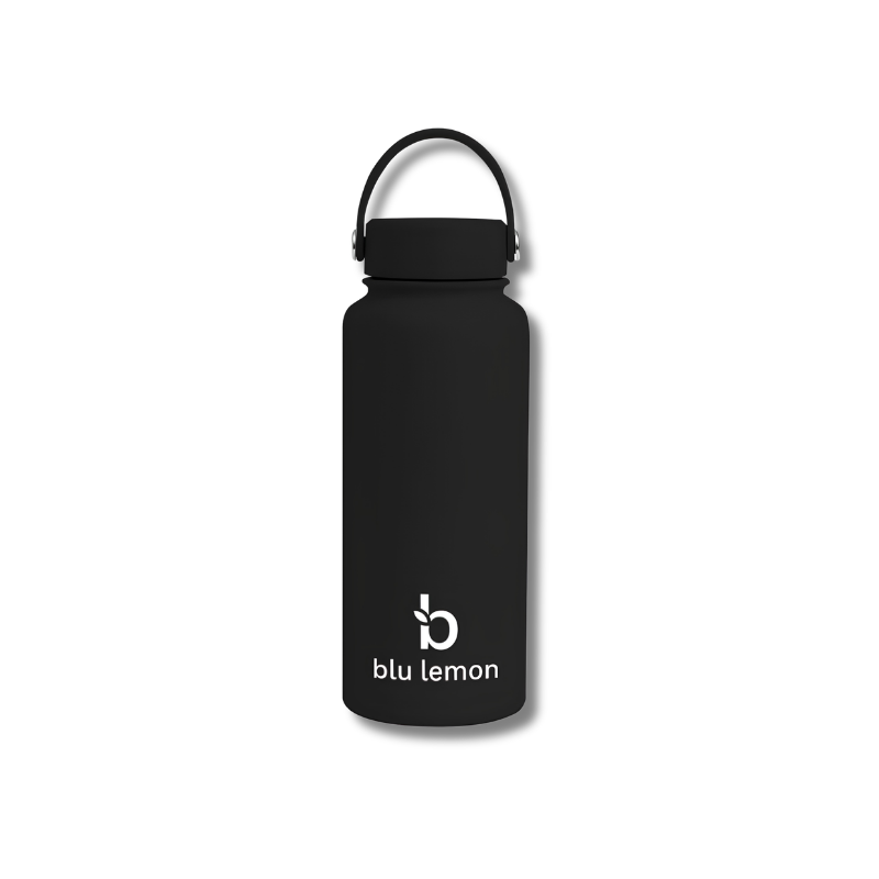Black water bottle with blu lemon logo on a white background