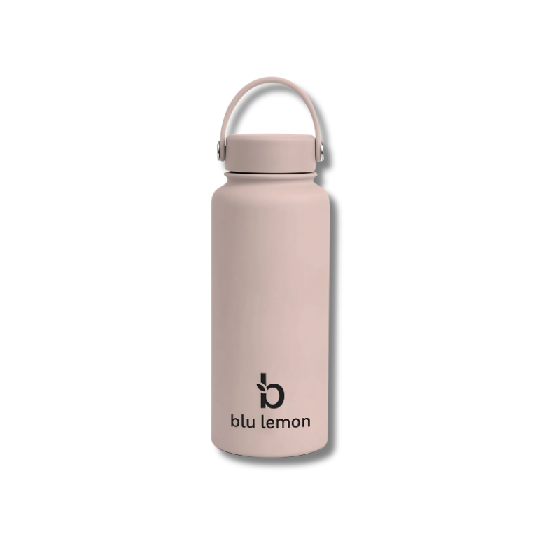 Pink water bottle with 'blu lemon' logo on a white background