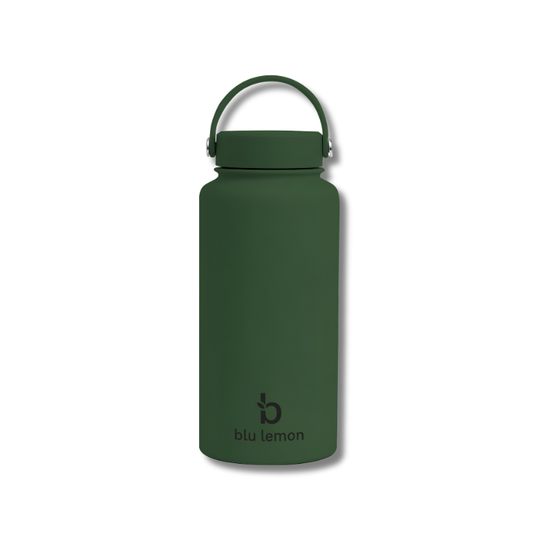Green water bottle with 'blu lemon' logo on a white background