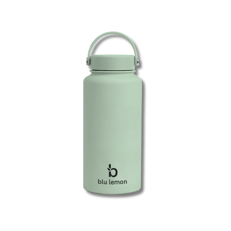 Mint green water bottle with 'blu lemon' logo on a white background