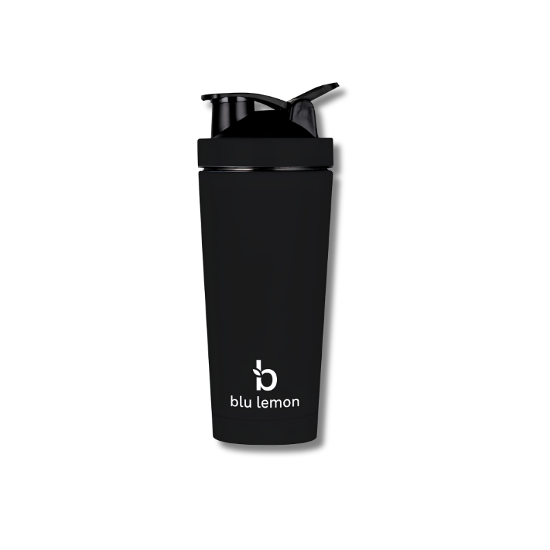 Black shaker bottle with blu lemon logo on a white background