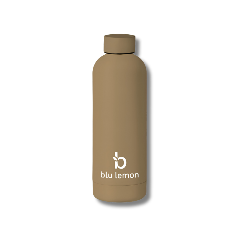 Beige water bottle with 'blu lemon' logo on a white background