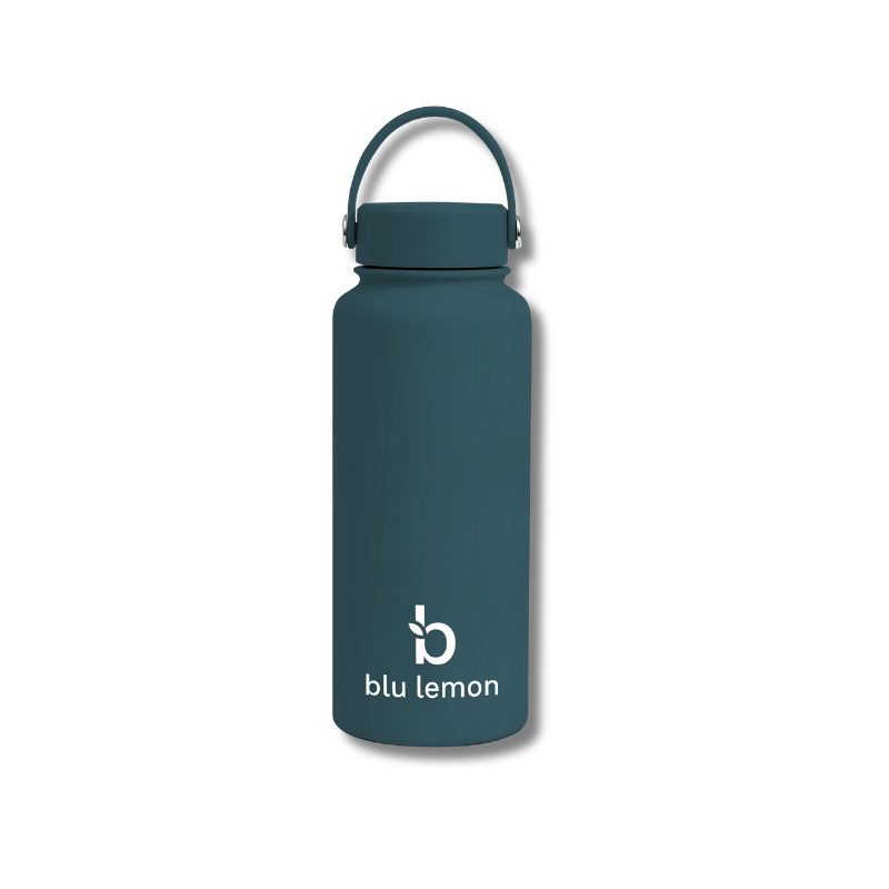 Blue water bottle with blu lemon logo on a white background