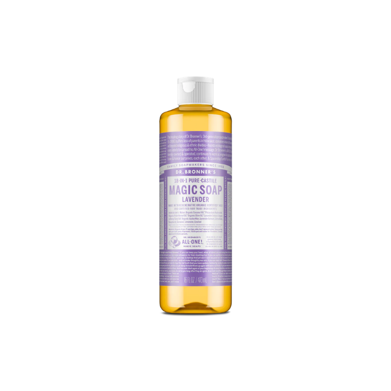 Dr. Bronner's Magic Soap bottle with lavender label on a white background