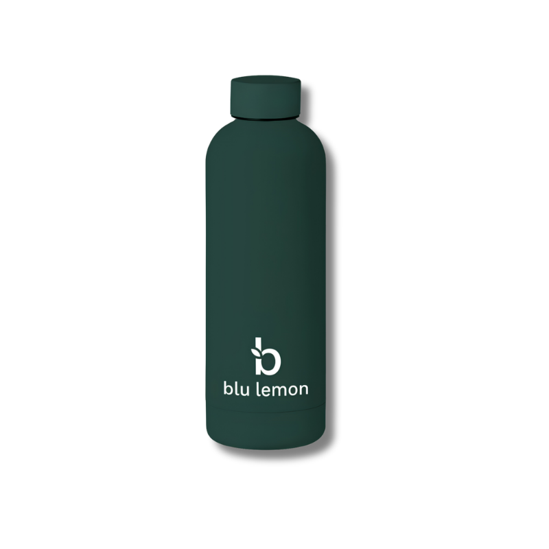 Green water bottle with blu lemon logo on a white background