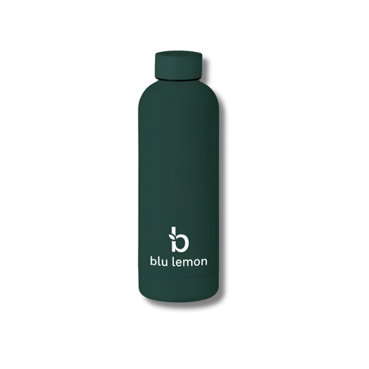 Green water bottle with blu lemon logo on a white background
