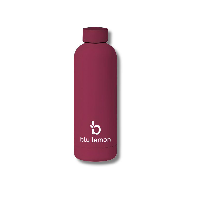 Maroon water bottle with 'blu lemon' logo on a white background