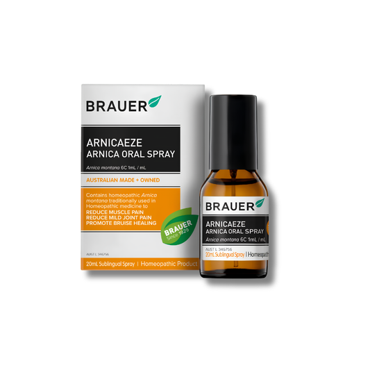 Brauer Arnicaeaze Arnica Oral Spray bottle and packaging on a white background