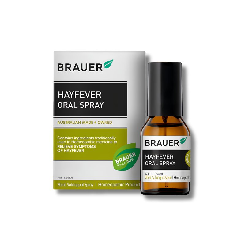 Brauer Hayfever Oral Spray packaging on a white background