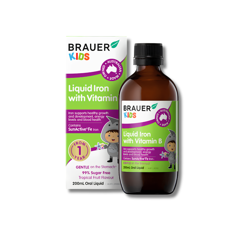 Brauer Kids Liquid Iron with Vitamin B bottle and packaging on a white background