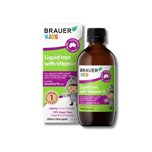 Brauer Kids Liquid Iron with Vitamin B bottle and packaging on a white background