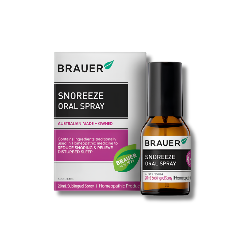 Brauer Snoreeze Oral Spray bottle and packaging on a white background