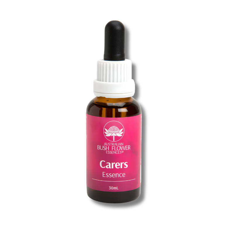 a bottle of australian bush flower carers essence on a white background