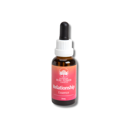 Bottle of Relationship Essence with a pink label on a white background