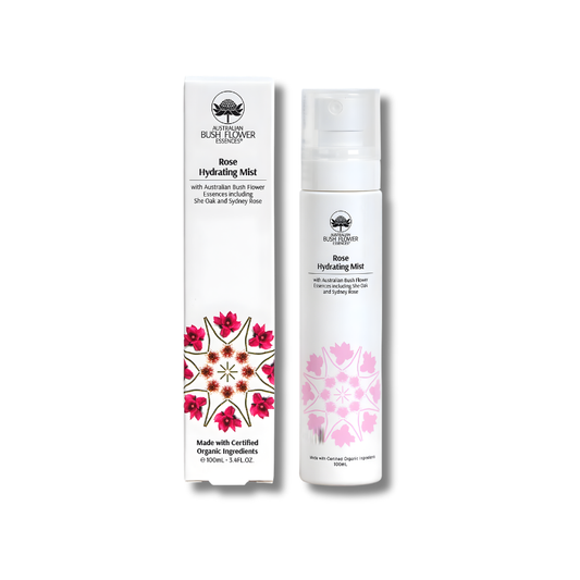 Rose hydrating mist bottle and packaging with floral design on a white background