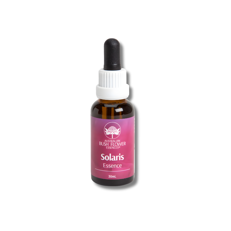 Bottle of Solaris Essence with a pink label on a white background