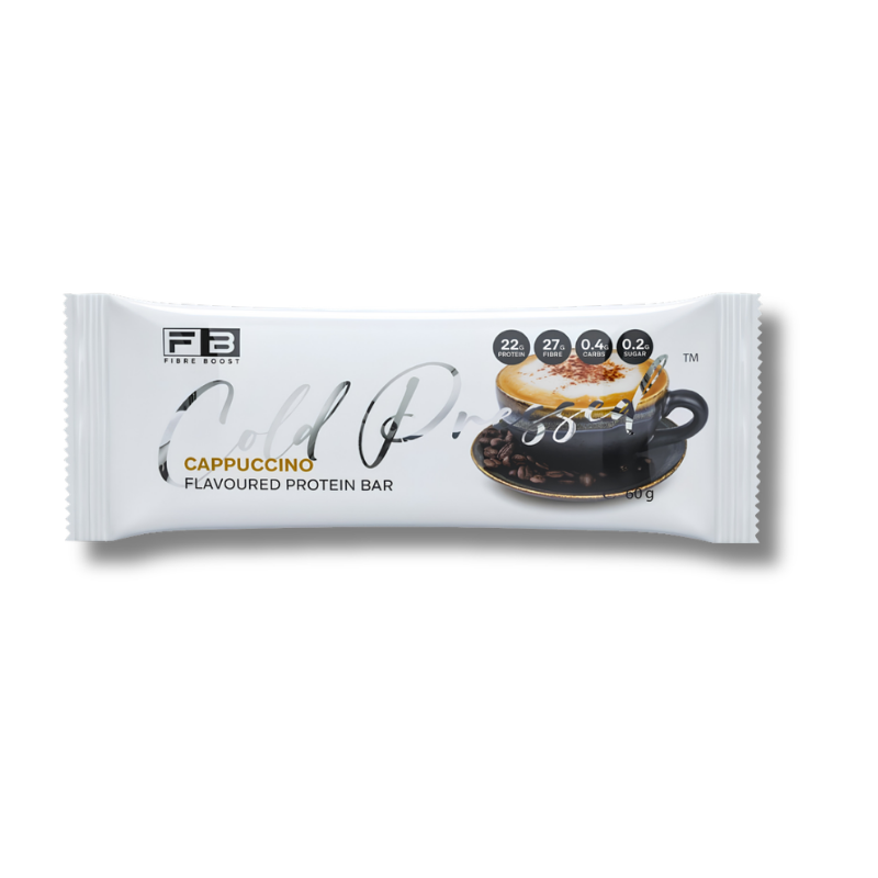 A single F2 Fitness Protein Bar in Cappuccino flavor, shown in its white wrapper with a graphic of a cappuccino cup and coffee beans on a plain white background.