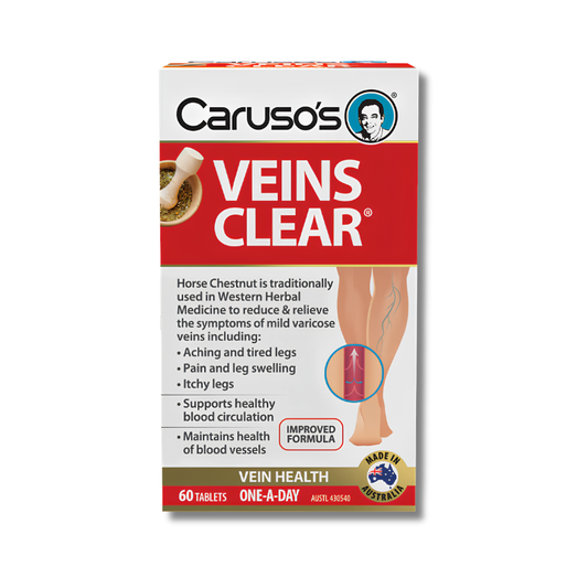 Caruso's Veins Clear supplement packaging on a white background