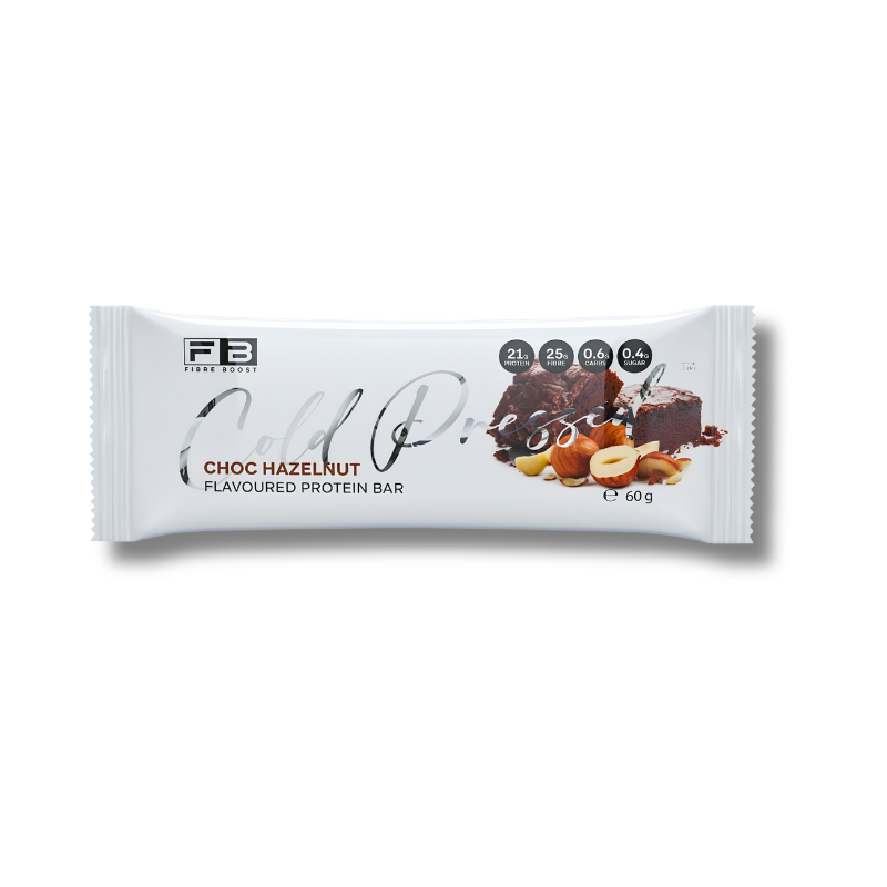 A single wrapped protein bar on a plain white background. The wrapper is white with black and brown text, showing the brand FB Mini Bars and the flavor Choc Hazelnut, along with a chocolate and nut illustration.