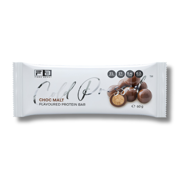 A single FB Fitness Bar 'Cold Proof' Choc Malt Flavourable Protein Bar in its white wrapper, shown against a plain white background.