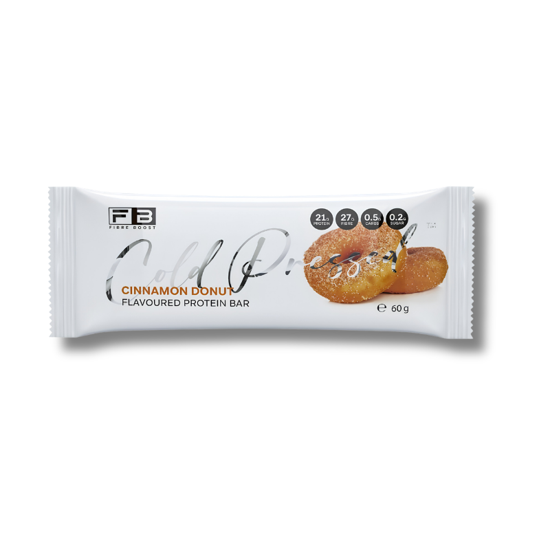 A single FB Food & Beverage Cinnamon Donut Flavourised Protein Bar in its white wrapper, featuring a photo of a cinnamon donut and nutritional badges on a white background.