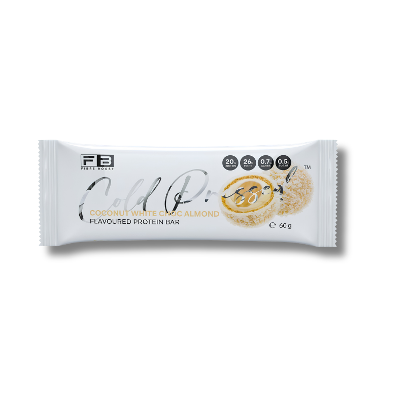 A single FB Fitness Cold Pack protein bar in its white packaging, featuring the brand logo, product name 'Coconut White Cash Almond', and a graphic of a chocolate-coated bar on a white background.