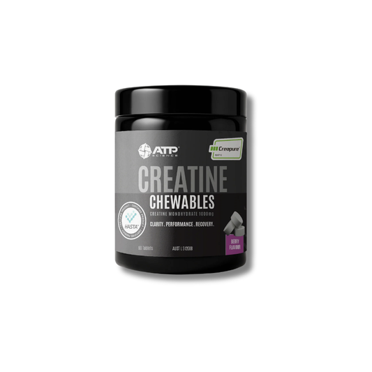 Black container of ATP Science Creatine Chewables on a white background