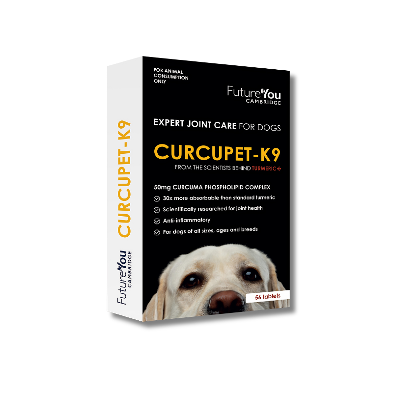 Box of Curcupet-K9 for dogs with a dog's face on the packaging.