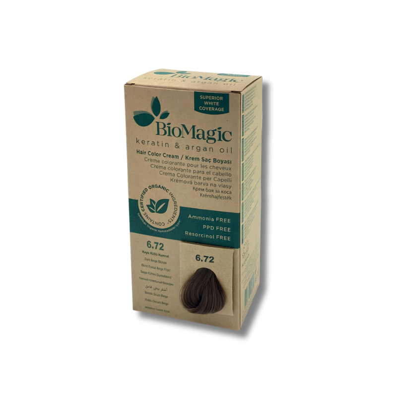 BioMagic hair color cream box with brown hair sample on a white background