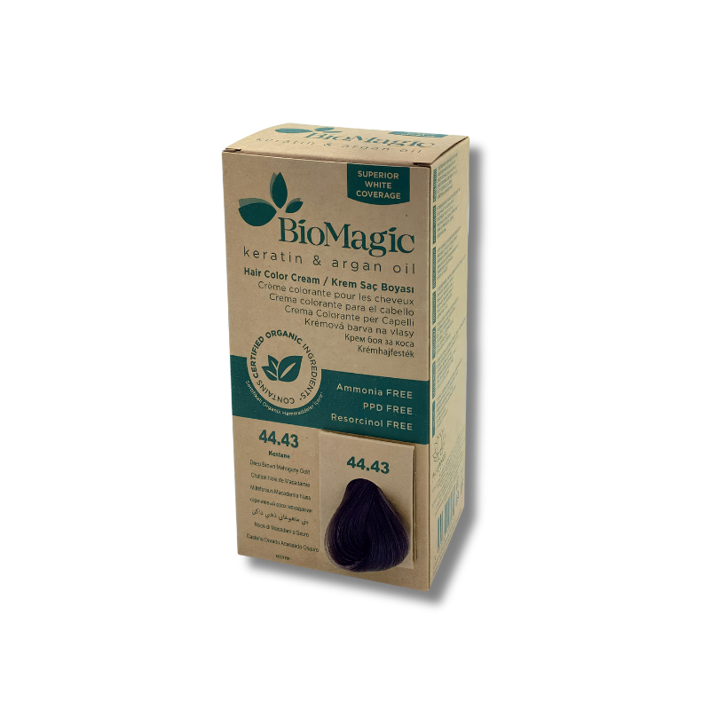 BioMagic hair color cream packaging with a black hair sample on a white background