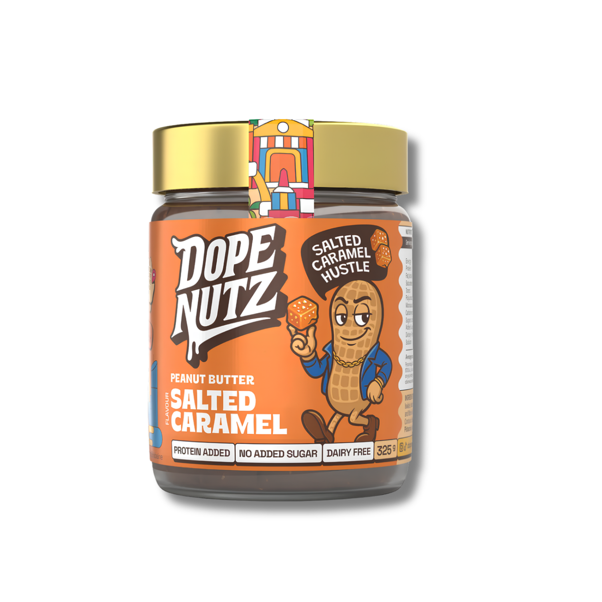 A jar of Dope Nutz Salted Caramel Peanut Butter on a white background. The jar has a shiny gold lid and an orange label featuring the brand name 'Dope Nutz' in stylized white letters, a cartoon peanut mascot, and text indicating it is protein added, no added sugar, and dairy free.