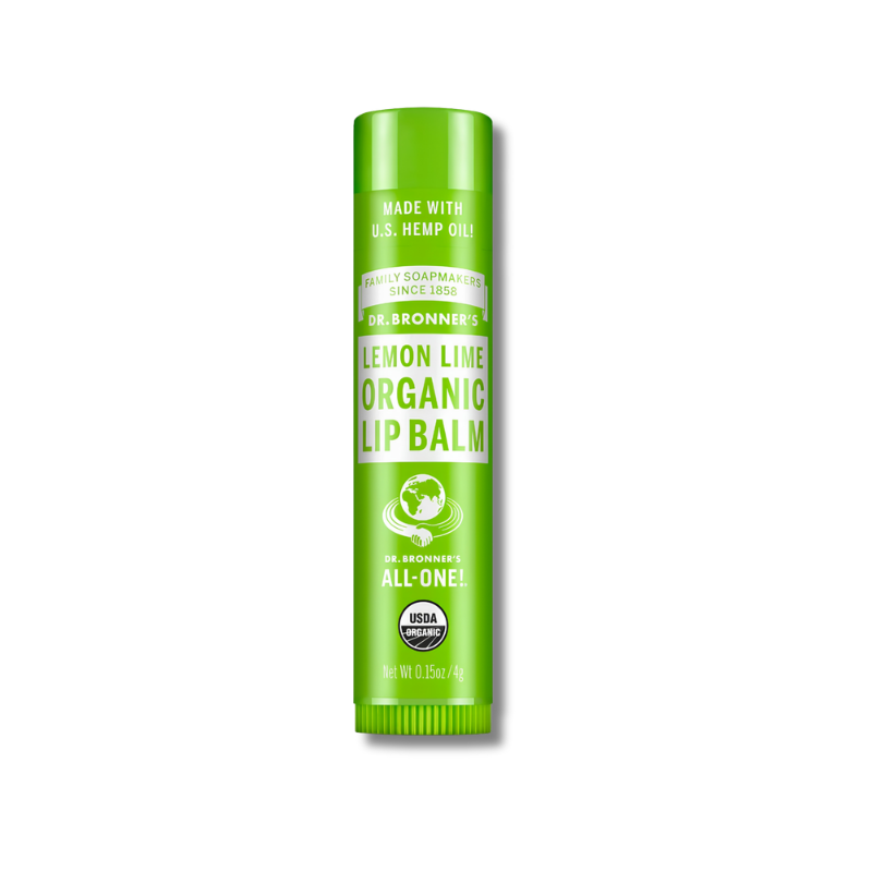 Green lip balm container with branding on a white background