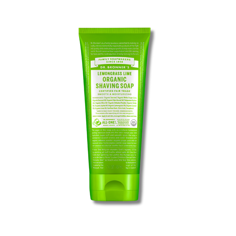 Green tube of Dr. Bronner's Lemongrass Lime Organic Shaving Soap on a white background