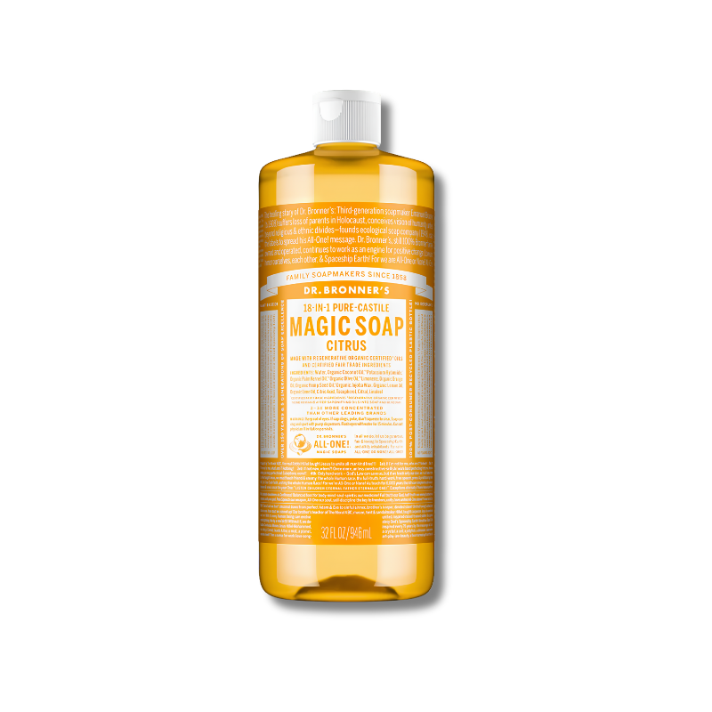 Bottle of Dr. Bronner's Magic Soap Citrus on a white background