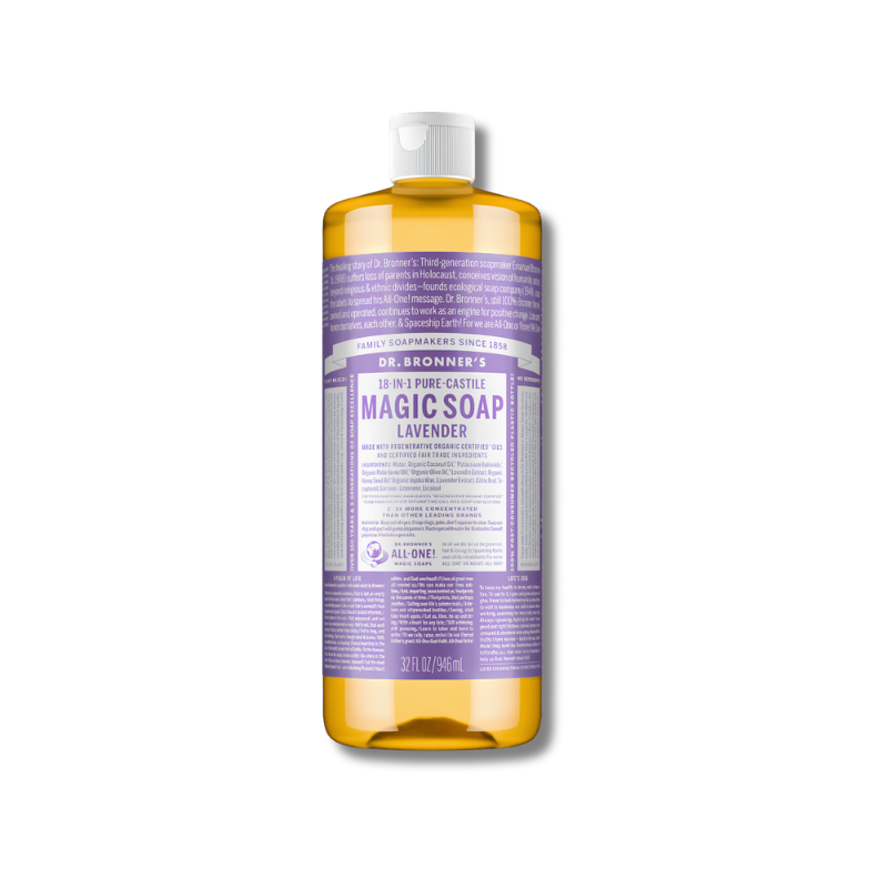 Bottle of Dr. Bronner's Magic Soap Lavender on a white background