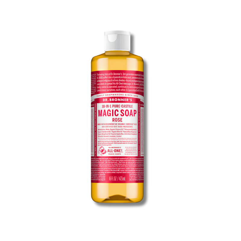 Dr. Bronner's Magic Soap bottle with red label on a white background