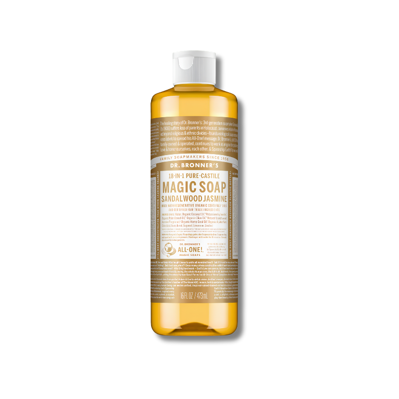 Dr. Bronner's Magic Soap bottle with sandalwood jasmine scent on a white background