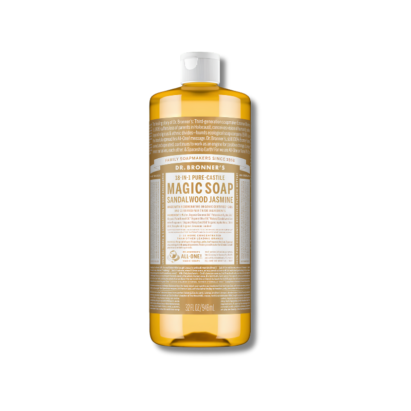 Dr. Bronner's Magic Soap bottle with sandalwood jasmine scent on a white background