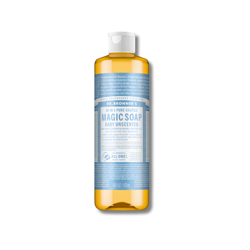 Bottle of Dr. Bronner's Magic Soap on a white background