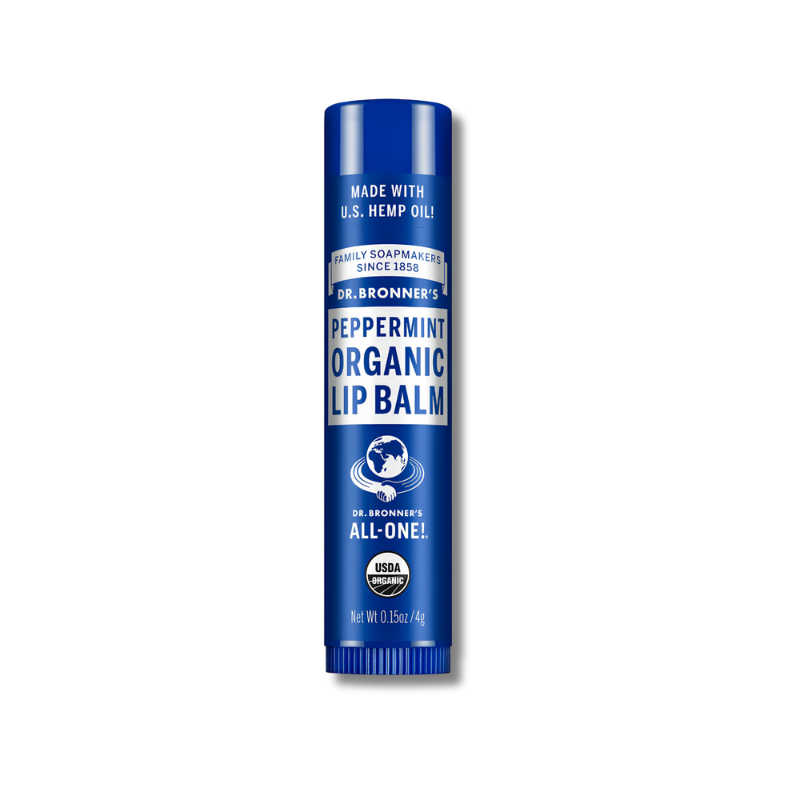 Dr. Bronner's peppermint organic lip balm on a white background