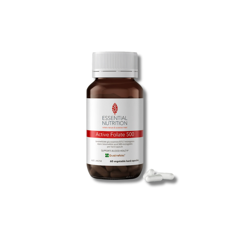Active Folate 500 supports healthy folate levels and red blood cell production as a daily nutritional supplement for general wellbeing.