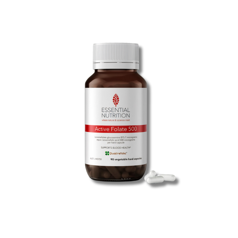 Active Folate 500 supports healthy folate levels and red blood cell production as a daily nutritional supplement for general wellbeing.
