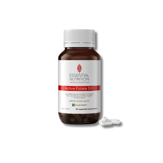 Active Folate 500 supports healthy folate levels and red blood cell production as a daily nutritional supplement for general wellbeing.